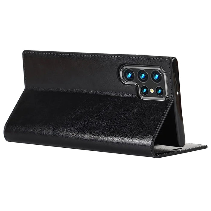 For Samsung Galaxy S22 Ultra 5G Crazy Horse Texture Genuine Leather + TPU Phone Case Cover with Stand Wallet - Black - 5