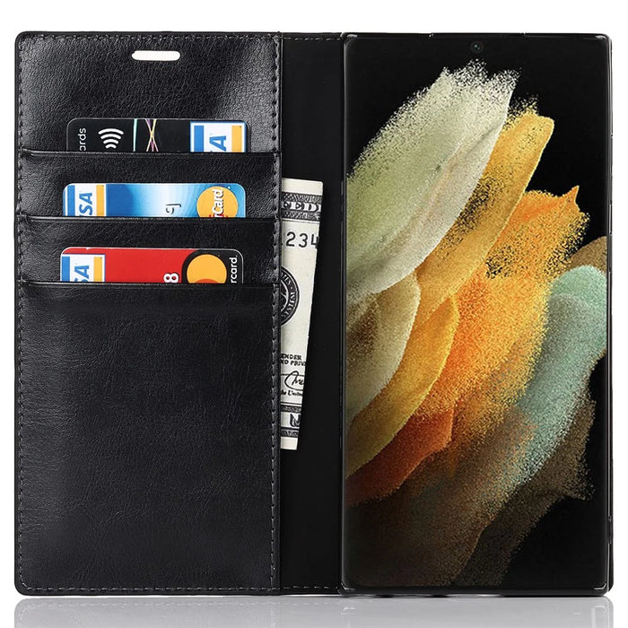 For Samsung Galaxy S22 Ultra 5G Crazy Horse Texture Genuine Leather + TPU Phone Case Cover with Stand Wallet - Black - 6