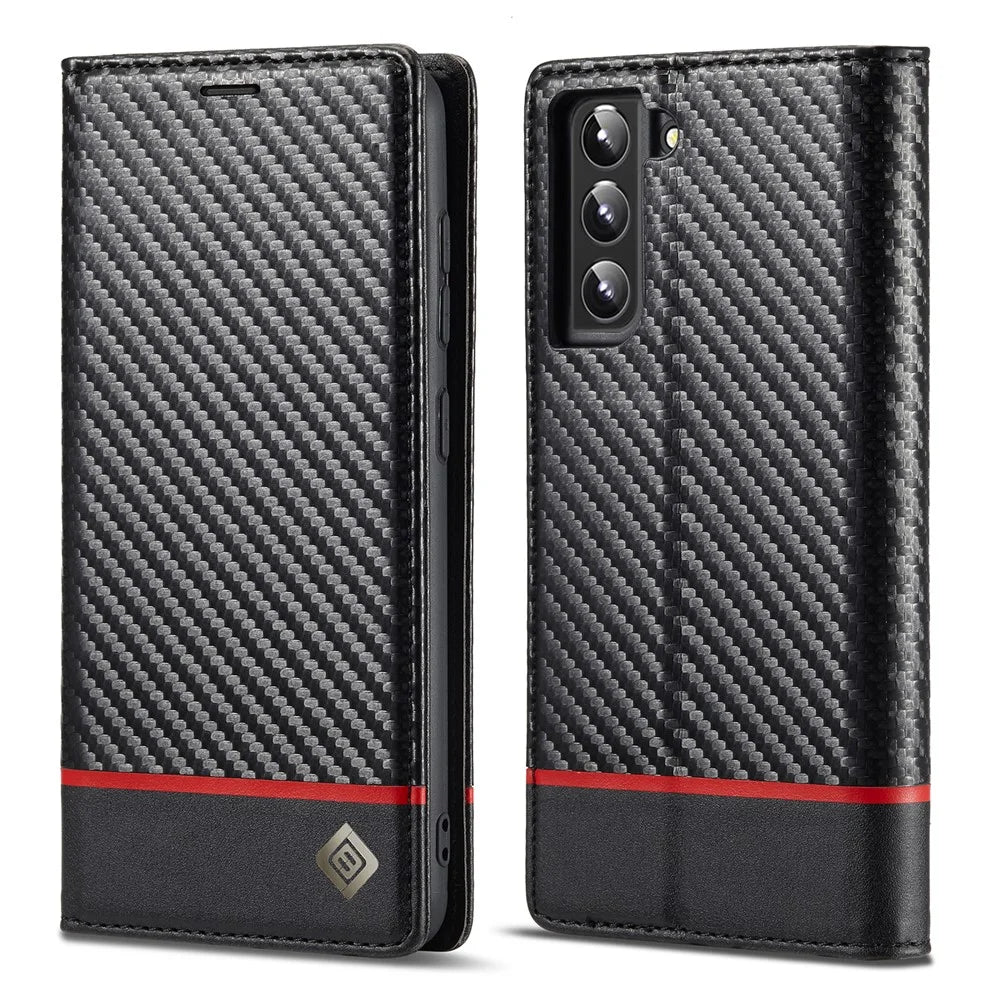 LC.IMEEKE Wallet Stand Design Carbon Fiber Texture Anti-fall Magnetic Auto-absorbed PU Leather Phone Case Cover for Samsung Galaxy S22 5G - Horizontal Stripe - 1