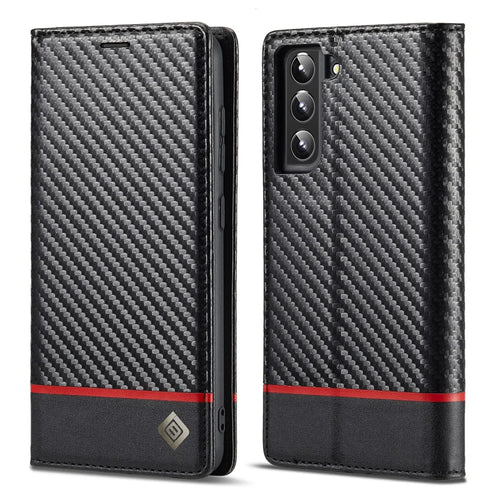 LC.IMEEKE Wallet Stand Design Carbon Fiber Texture Anti-fall Magnetic Auto-absorbed PU Leather Phone Case Cover for Samsung Galaxy S22 5G - Horizontal Stripe - 1