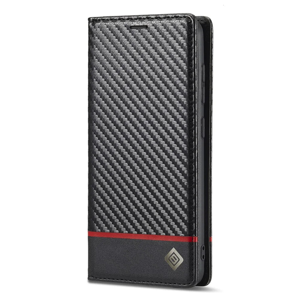 LC.IMEEKE Wallet Stand Design Carbon Fiber Texture Anti-fall Magnetic Auto-absorbed PU Leather Phone Case Cover for Samsung Galaxy S22 5G - Horizontal Stripe - 2