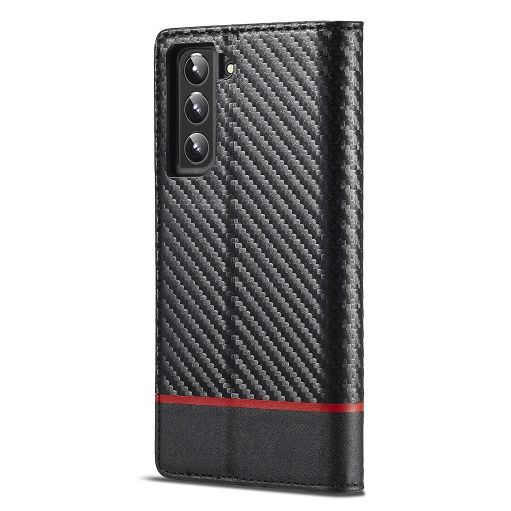 LC.IMEEKE Wallet Stand Design Carbon Fiber Texture Anti-fall Magnetic Auto-absorbed PU Leather Phone Case Cover for Samsung Galaxy S22 5G - Horizontal Stripe - 3