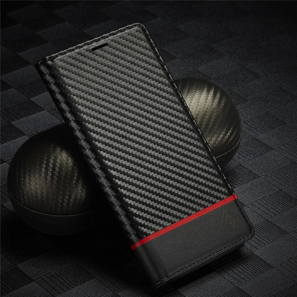 LC.IMEEKE Wallet Stand Design Carbon Fiber Texture Anti-fall Magnetic Auto-absorbed PU Leather Phone Case Cover for Samsung Galaxy S22 5G - Horizontal Stripe - 6