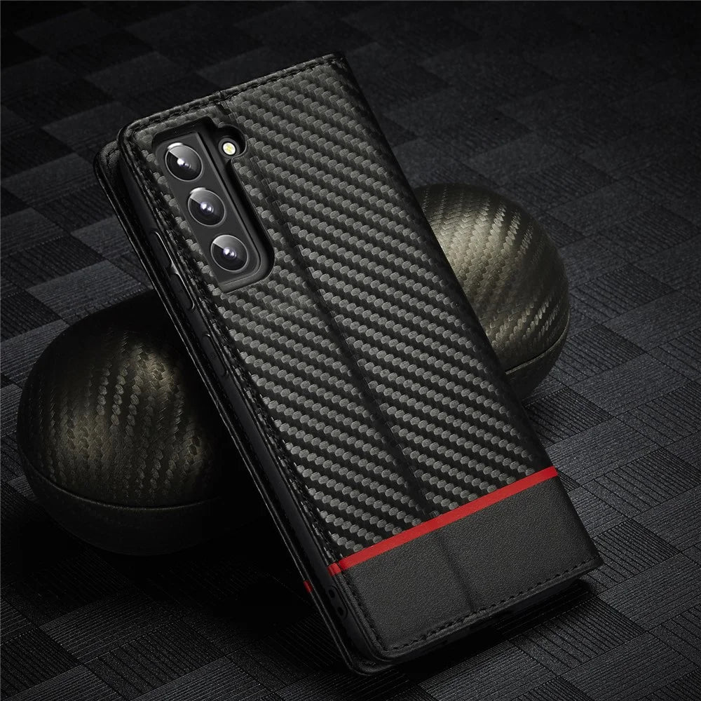 LC.IMEEKE Wallet Stand Design Carbon Fiber Texture Anti-fall Magnetic Auto-absorbed PU Leather Phone Case Cover for Samsung Galaxy S22 5G - Horizontal Stripe - 7