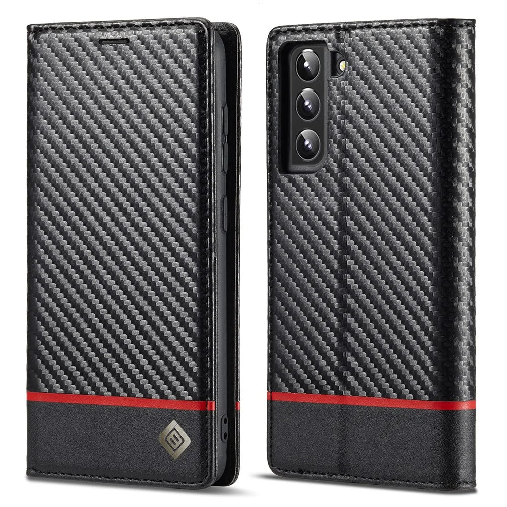 LC.IMEEKE Wallet Stand Design Anti-scratch Carbon Fiber Texture Magnetic Auto-absorbed Folio Flip PU Leather Phone Case Cover for Samsung Galaxy S22+ 5G - Horizontal Stripe - 1