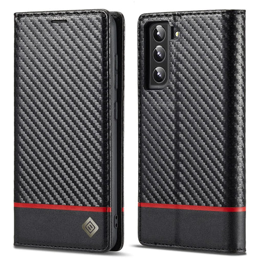 LC.IMEEKE Wallet Stand Design Anti-scratch Carbon Fiber Texture Magnetic Auto-absorbed Folio Flip PU Leather Phone Case Cover for Samsung Galaxy S22+ 5G - Horizontal Stripe - 1