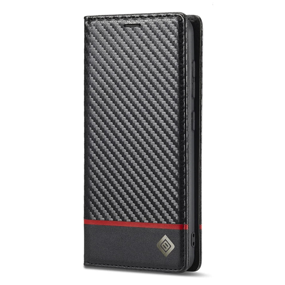 LC.IMEEKE Wallet Stand Design Anti-scratch Carbon Fiber Texture Magnetic Auto-absorbed Folio Flip PU Leather Phone Case Cover for Samsung Galaxy S22+ 5G - Horizontal Stripe - 2