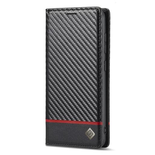 LC.IMEEKE Wallet Stand Design Anti-scratch Carbon Fiber Texture Magnetic Auto-absorbed Folio Flip PU Leather Phone Case Cover for Samsung Galaxy S22+ 5G - Horizontal Stripe - 2