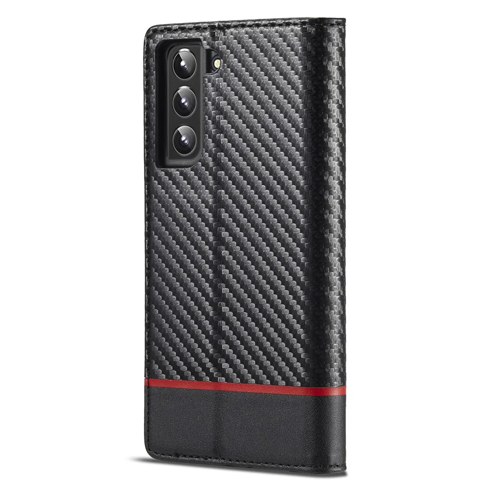 LC.IMEEKE Wallet Stand Design Anti-scratch Carbon Fiber Texture Magnetic Auto-absorbed Folio Flip PU Leather Phone Case Cover for Samsung Galaxy S22+ 5G - Horizontal Stripe - 3