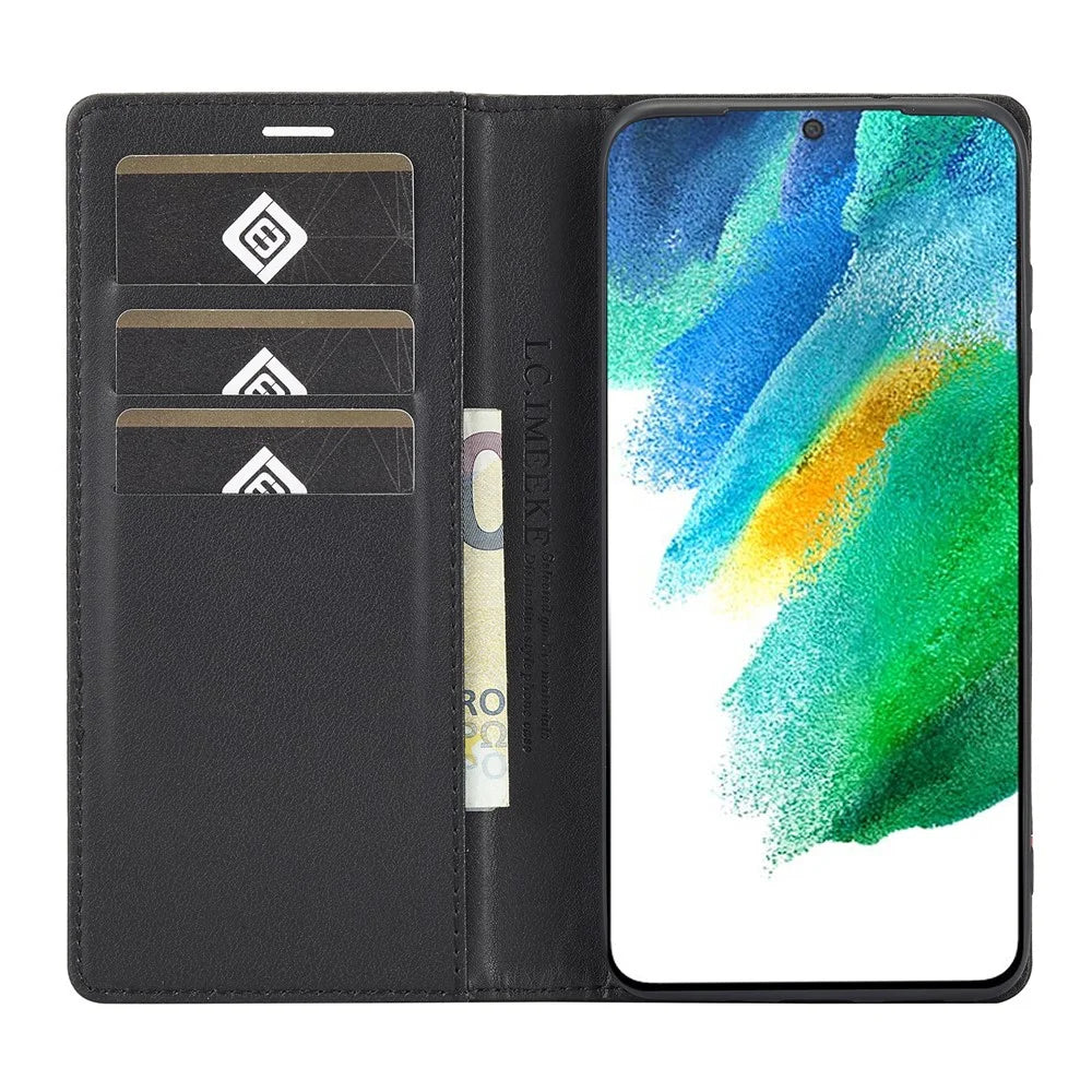 LC.IMEEKE Wallet Stand Design Anti-scratch Carbon Fiber Texture Magnetic Auto-absorbed Folio Flip PU Leather Phone Case Cover for Samsung Galaxy S22+ 5G - Horizontal Stripe - 4