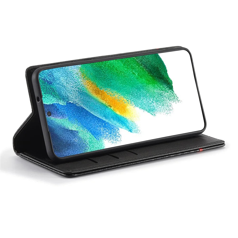 LC.IMEEKE Wallet Stand Design Anti-scratch Carbon Fiber Texture Magnetic Auto-absorbed Folio Flip PU Leather Phone Case Cover for Samsung Galaxy S22+ 5G - Horizontal Stripe - 5