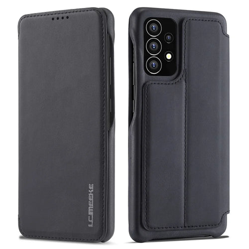 LC.IMEEKE Foldable Stand PU Leather Folio Flip Phone Case Cover with Card Slot for Samsung Galaxy A53 5G - Black - 1