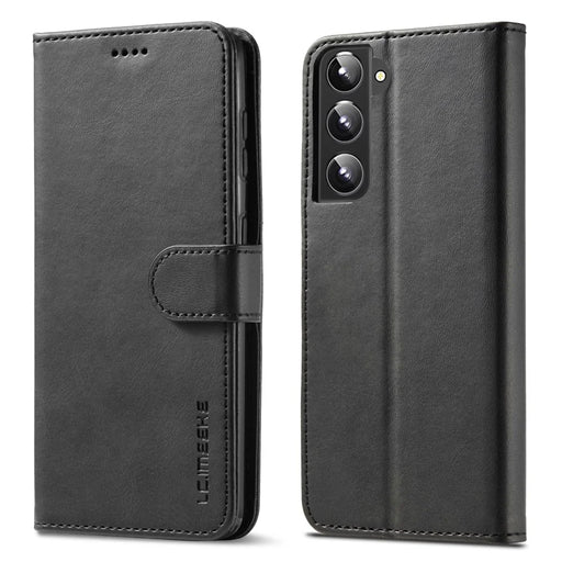 LC.IMEEKE Textured Wallet PU Leather Flip Folio Stand Case Fully Wrapped Phone Case Cover for Samsung Galaxy S21+ 5G - Black - 1