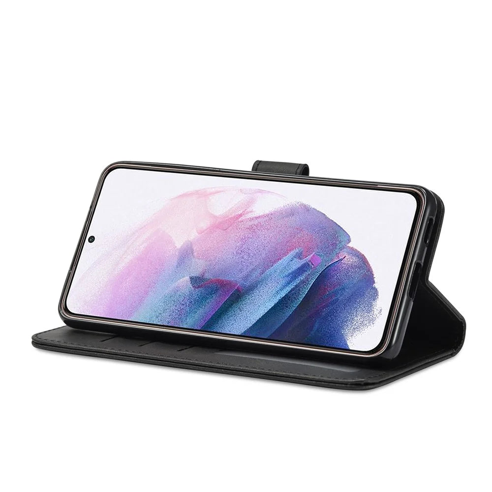 LC.IMEEKE Textured Wallet PU Leather Flip Folio Stand Case Fully Wrapped Phone Case Cover for Samsung Galaxy S21+ 5G - Black - 5