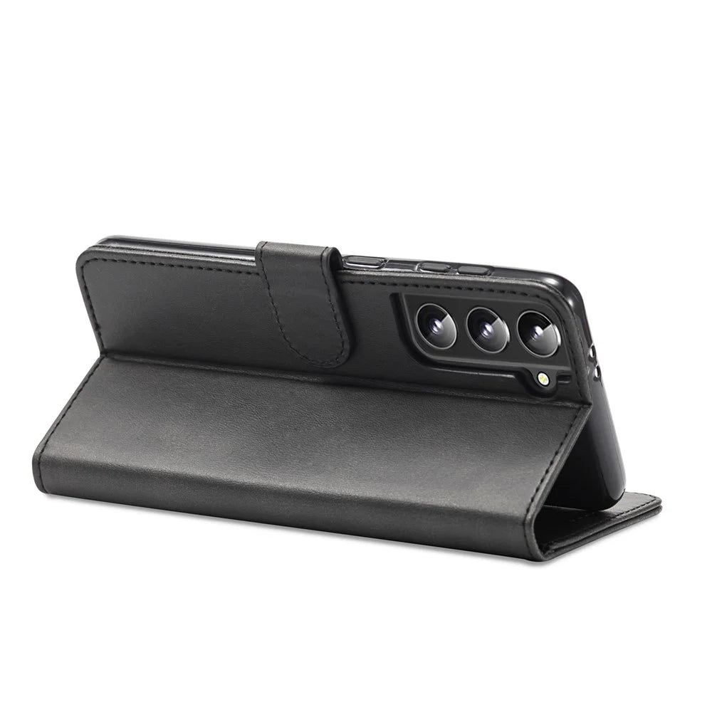 LC.IMEEKE Textured Wallet PU Leather Flip Folio Stand Case Fully Wrapped Phone Case Cover for Samsung Galaxy S21+ 5G - Black - 6