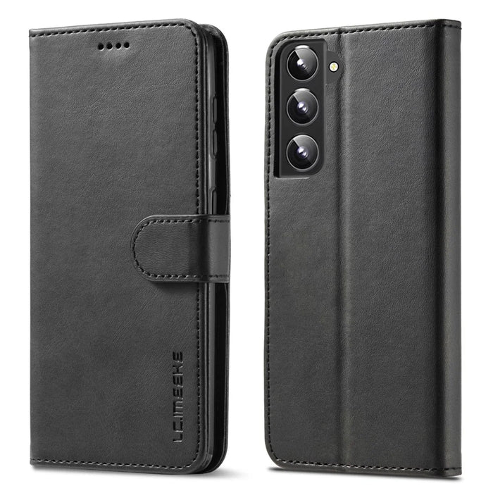 LC.IMEEKE Textured Wallet PU Leather Well-protected Flip Folio Stand Case Mobile Phone Case Cover for Samsung Galaxy S22+ 5G - Black - 1