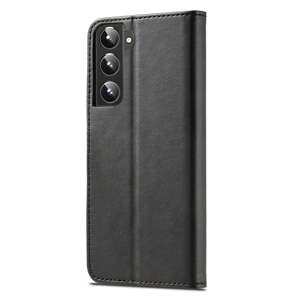 LC.IMEEKE Textured Wallet PU Leather Well-protected Flip Folio Stand Case Mobile Phone Case Cover for Samsung Galaxy S22+ 5G - Black - 3