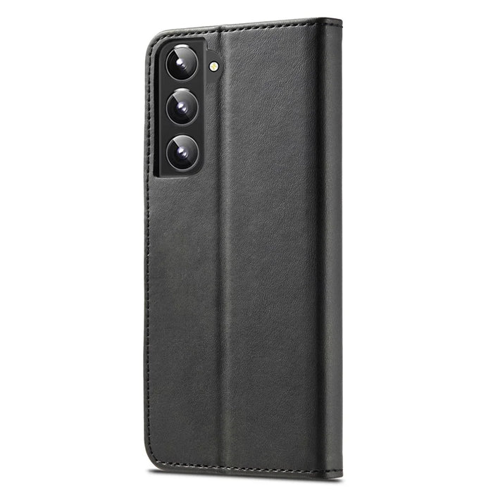LC.IMEEKE Textured Wallet PU Leather Well-protected Flip Folio Stand Case Mobile Phone Case Cover for Samsung Galaxy S22+ 5G - Black - 3
