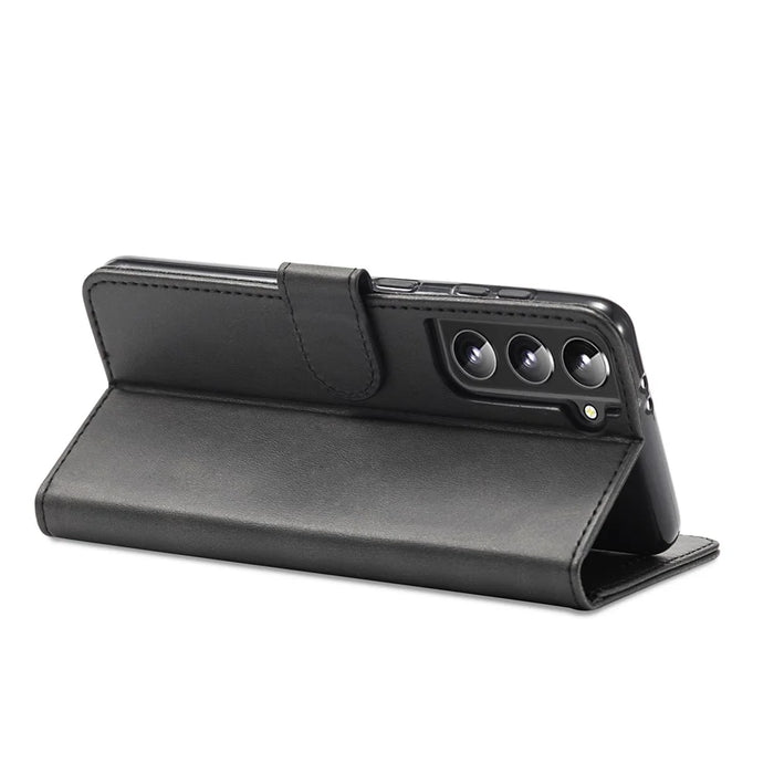 LC.IMEEKE Textured Wallet PU Leather Well-protected Flip Folio Stand Case Mobile Phone Case Cover for Samsung Galaxy S22+ 5G - Black - 6