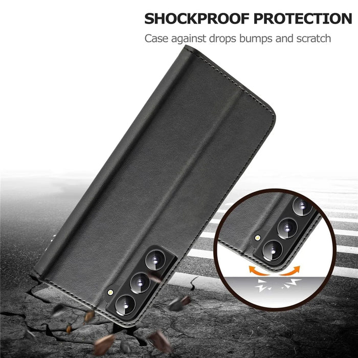 LC.IMEEKE Textured Wallet PU Leather Well-protected Flip Folio Stand Case Mobile Phone Case Cover for Samsung Galaxy S22+ 5G - Black - 7