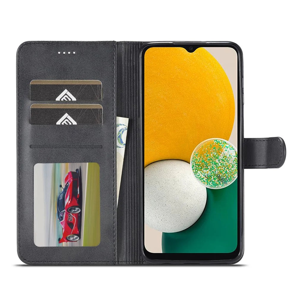 LC.IMEEKE Textured Wallet PU Leather Flip Folio Stand Case Drop-resistant Phone Case Cover for Samsung Galaxy A13 5G / A04s 4G (164.7mm) - Black - 4