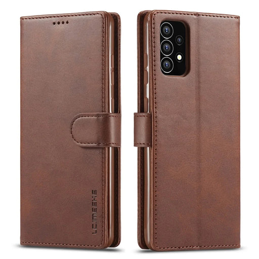 LC.IMEEKE Shockproof Textured Wallet PU Leather Flip Folio Stand Case Mobile Phone Case Cover for Samsung Galaxy A53 5G - Dark Brown - 1