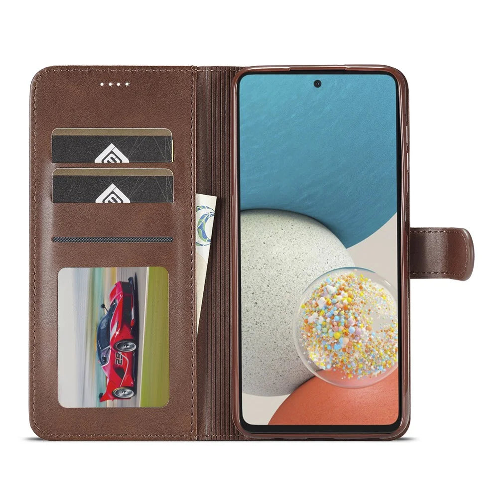 LC.IMEEKE Shockproof Textured Wallet PU Leather Flip Folio Stand Case Mobile Phone Case Cover for Samsung Galaxy A53 5G - Dark Brown - 4