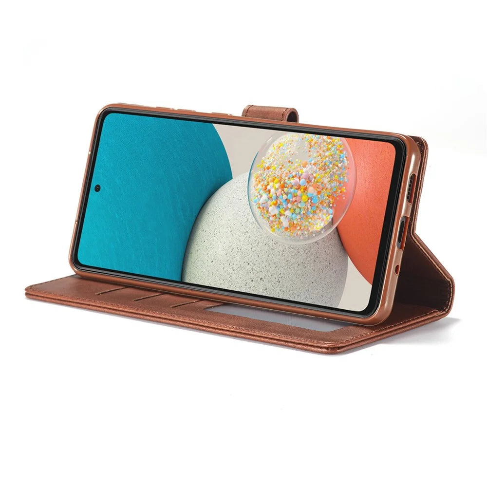 LC.IMEEKE Shockproof Textured Wallet PU Leather Flip Folio Stand Case Mobile Phone Case Cover for Samsung Galaxy A53 5G - Dark Brown - 5