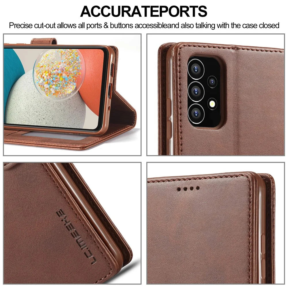 LC.IMEEKE Shockproof Textured Wallet PU Leather Flip Folio Stand Case Mobile Phone Case Cover for Samsung Galaxy A53 5G - Dark Brown - 7
