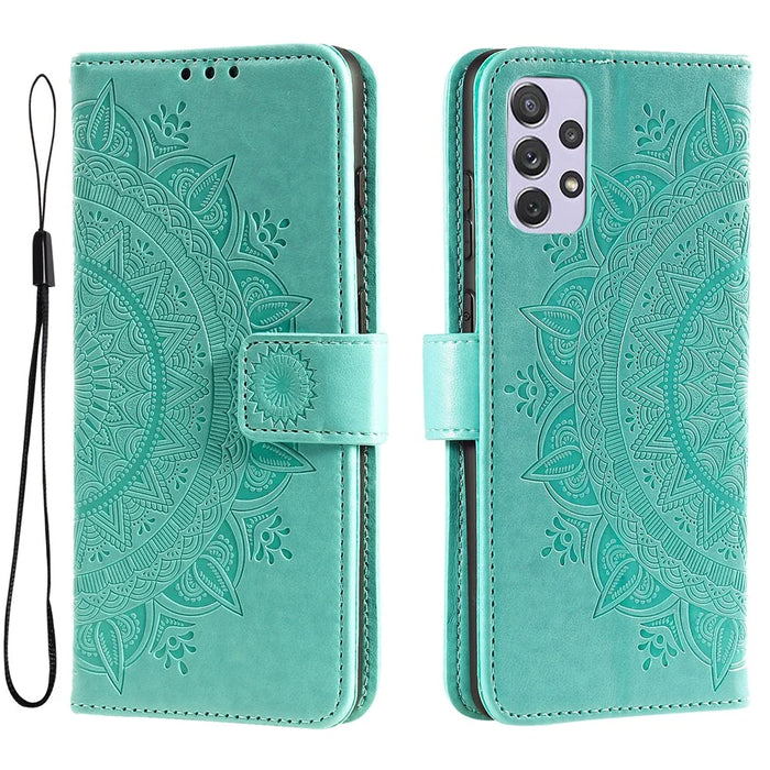 Imprinted Mandala Flower Stand Wallet Function PU Leather Phone Folio Flip Cover Case with Strap for Samsung Galaxy A73 5G - Green - 1