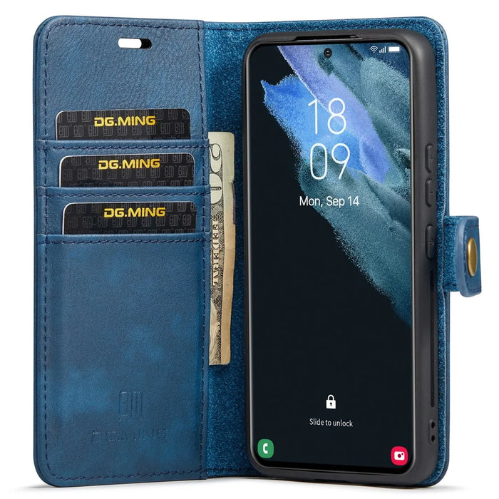DG.MING Split Leather Wallet Full Protection Cover Shell Detachable 2-in-1 TPU Inner Phone Case for Samsung Galaxy S22+ 5G - Blue - 4