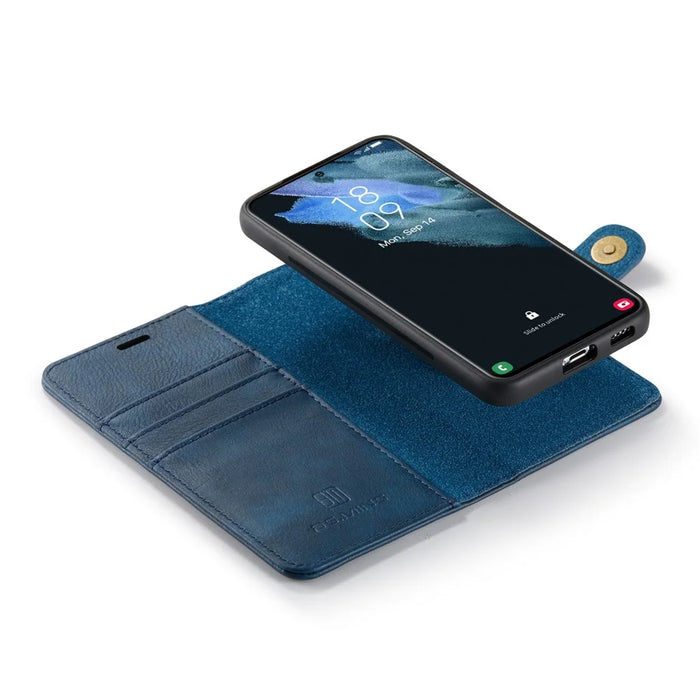 DG.MING Split Leather Wallet Full Protection Cover Shell Detachable 2-in-1 TPU Inner Phone Case for Samsung Galaxy S22+ 5G - Blue - 6