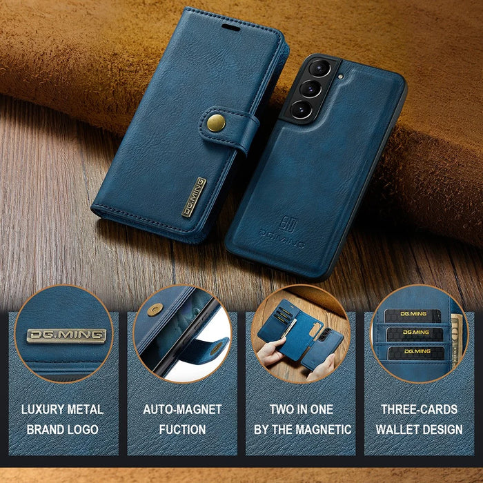 DG.MING Split Leather Wallet Full Protection Cover Shell Detachable 2-in-1 TPU Inner Phone Case for Samsung Galaxy S22+ 5G - Blue - 7