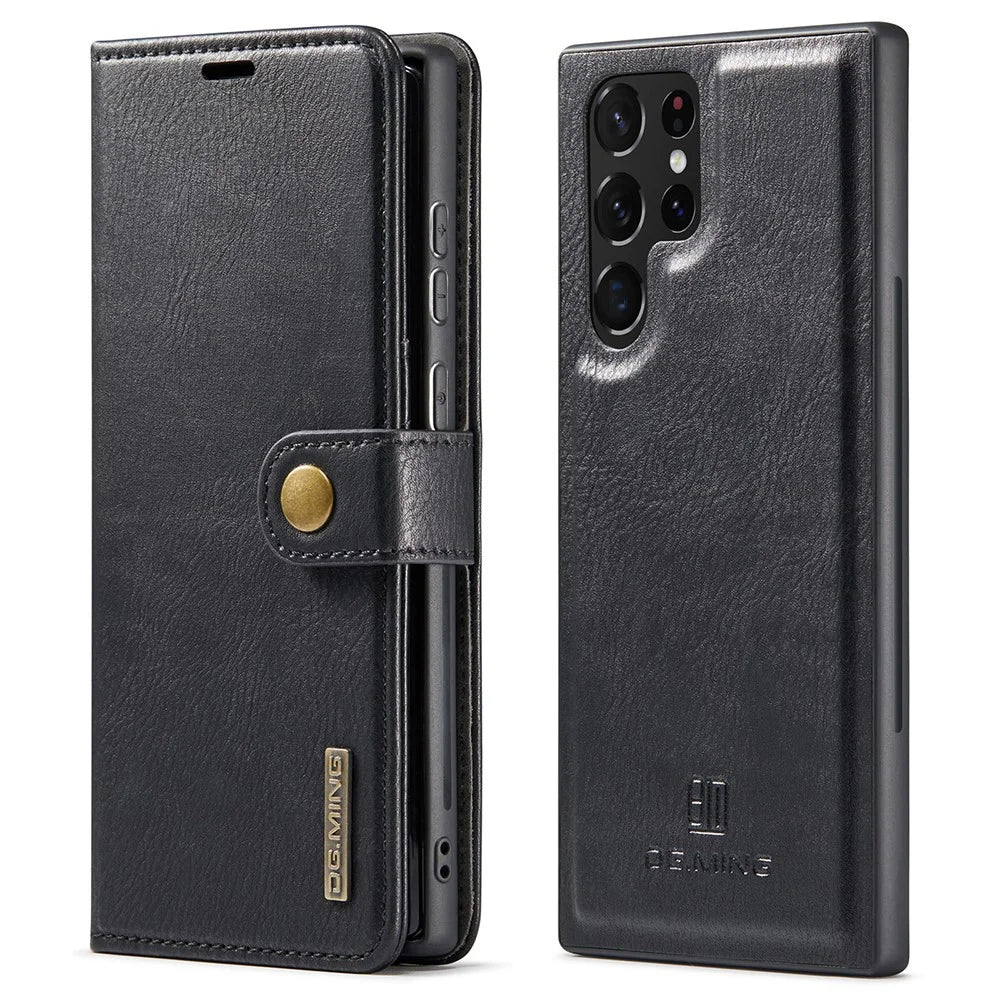 DG.MING Split Leather Case for Samsung Galaxy S22 Ultra 5G Detachable 2-in-1 Wallet Phone Cover with Stand - Black - 1