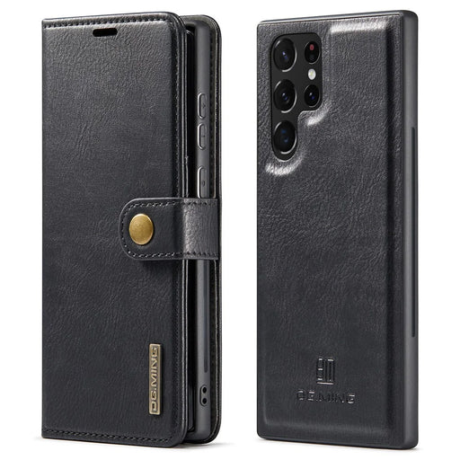 DG.MING Split Leather Case for Samsung Galaxy S22 Ultra 5G Detachable 2-in-1 Wallet Phone Cover with Stand - Black - 1