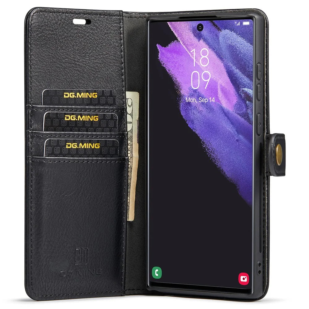 DG.MING Split Leather Case for Samsung Galaxy S22 Ultra 5G Detachable 2-in-1 Wallet Phone Cover with Stand - Black - 7