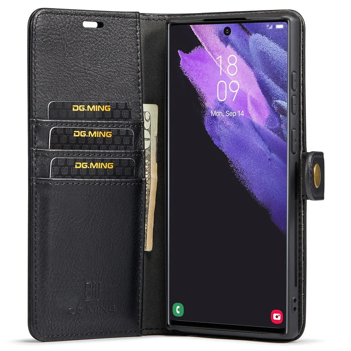 DG.MING Split Leather Case for Samsung Galaxy S22 Ultra 5G Detachable 2-in-1 Wallet Phone Cover with Stand - Black - 7