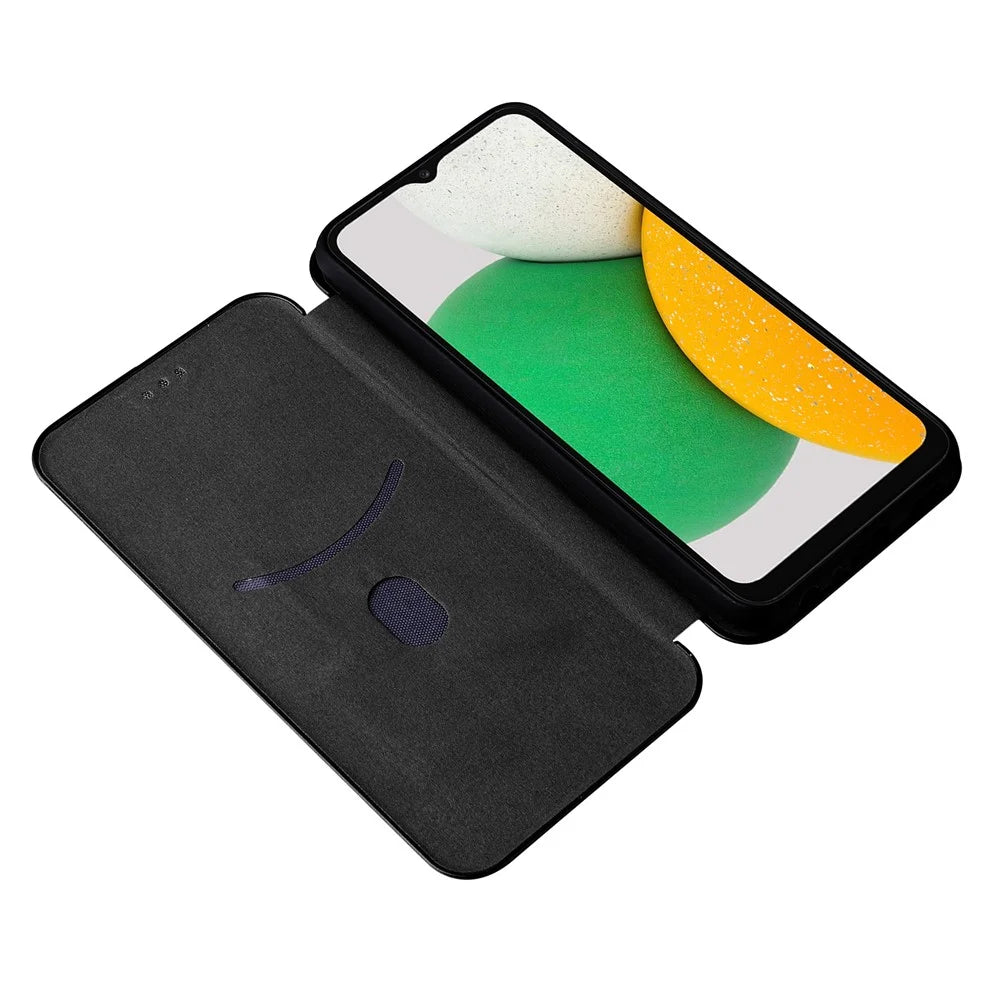 Carbon Fiber Texture Card Holder Phone Case Foldable Stand PU Leather Cover for Samsung Galaxy A03 Core - Black - 6