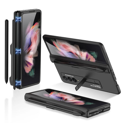 GKK Full Protection Magnetic Absorption Hinge Hard PC Folding Phone Case Cover with Kickstand and Pen Slot for Samsung Galaxy Z Fold3 5G - Black - 1