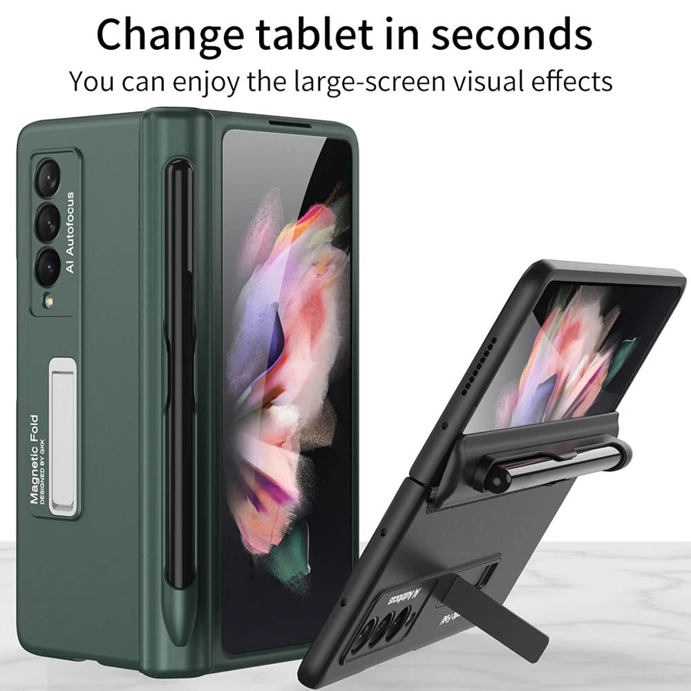 GKK Full Protection Magnetic Absorption Hinge Hard PC Folding Phone Case Cover with Kickstand and Pen Slot for Samsung Galaxy Z Fold3 5G - Black - 5