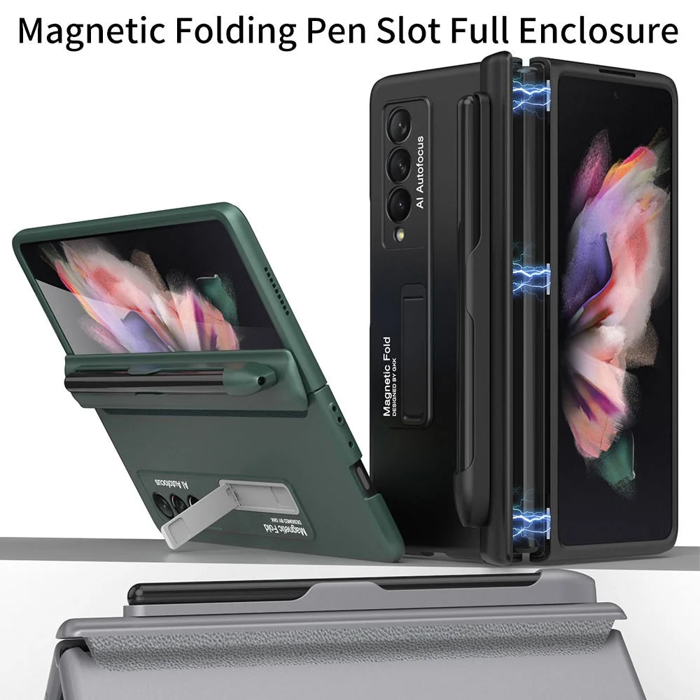 GKK Full Protection Magnetic Absorption Hinge Hard PC Folding Phone Case Cover with Kickstand and Pen Slot for Samsung Galaxy Z Fold3 5G - Black - 6