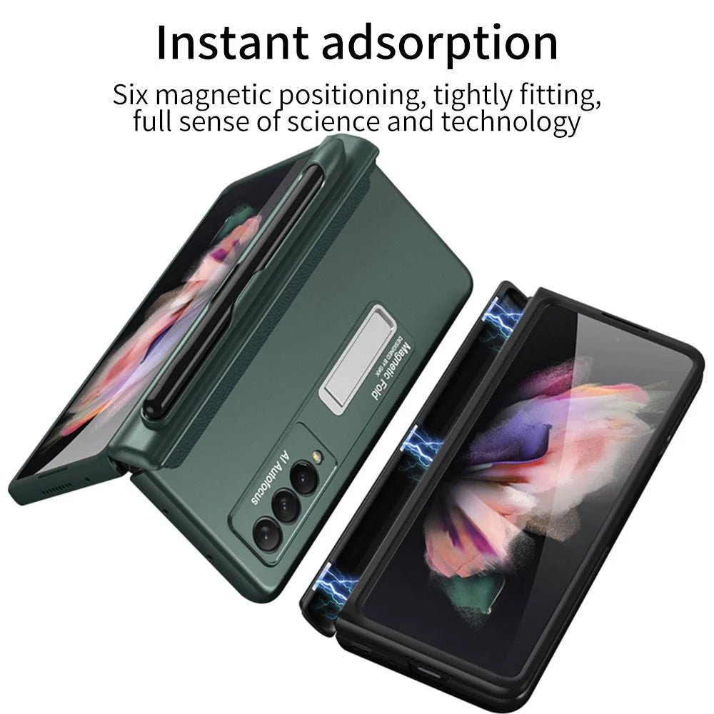 GKK Full Protection Magnetic Absorption Hinge Hard PC Folding Phone Case Cover with Kickstand and Pen Slot for Samsung Galaxy Z Fold3 5G - Black - 7