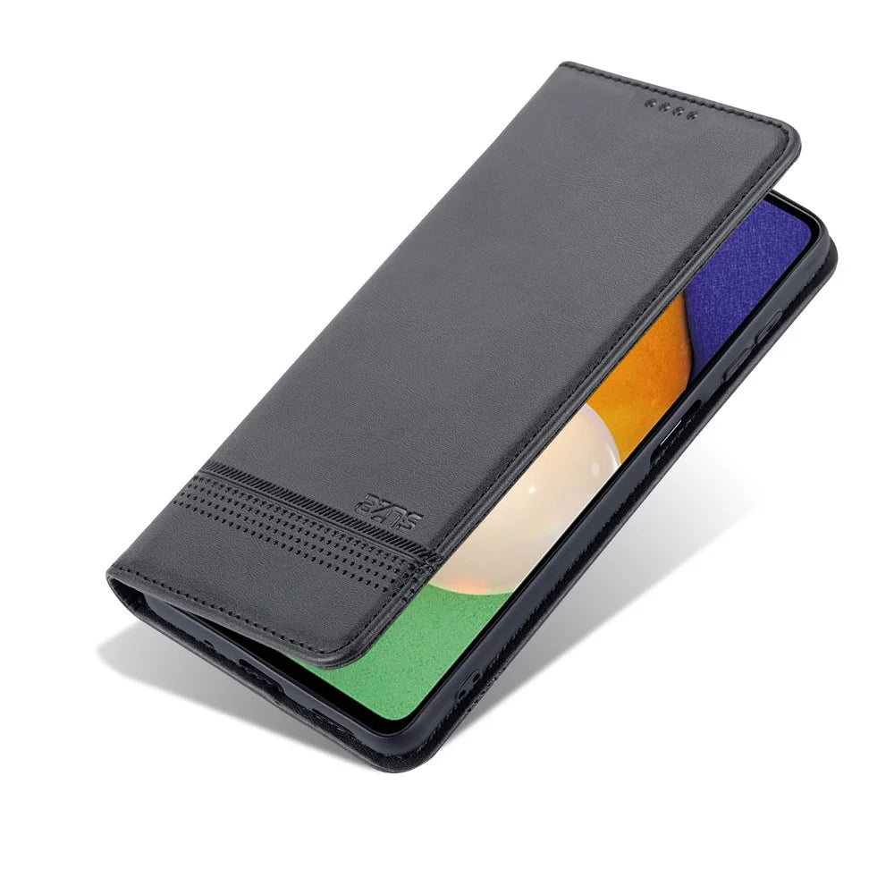 AZNS Magnetic Absorption PU Leather Flip Cover Stand Full Protection Wallet Phone Case for Samsung Galaxy M52 5G - Black - 7