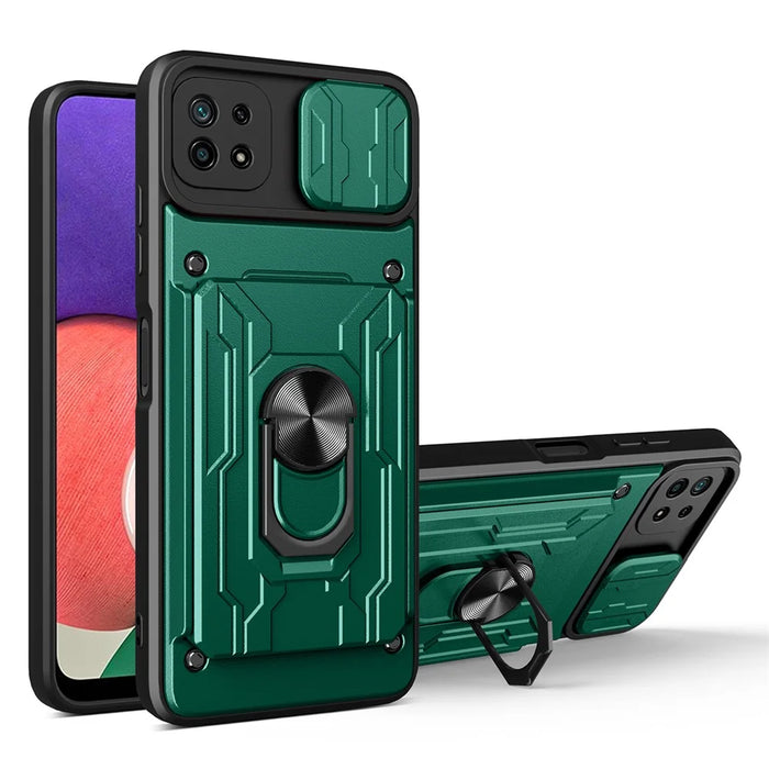 Kickstand Hard PC Soft TPU Shockproof Phone Cover with Card Holder and Slide Camera Cover for Samsung Galaxy A22 5G (EU Version) - Blackish Green - 1