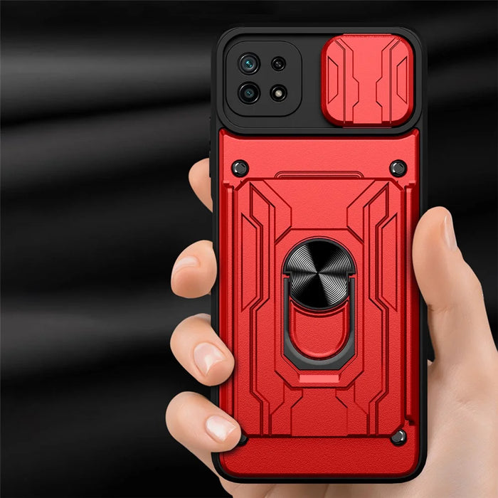 Kickstand Hard PC Soft TPU Shockproof Phone Cover with Card Holder and Slide Camera Cover for Samsung Galaxy A22 5G (EU Version) - Blackish Green - 2