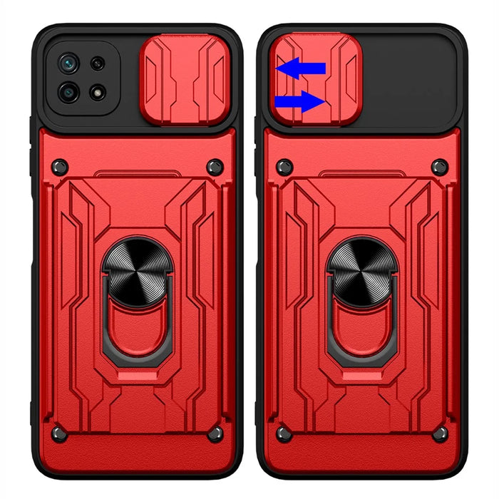 Kickstand Hard PC Soft TPU Shockproof Phone Cover with Card Holder and Slide Camera Cover for Samsung Galaxy A22 5G (EU Version) - Blackish Green - 3