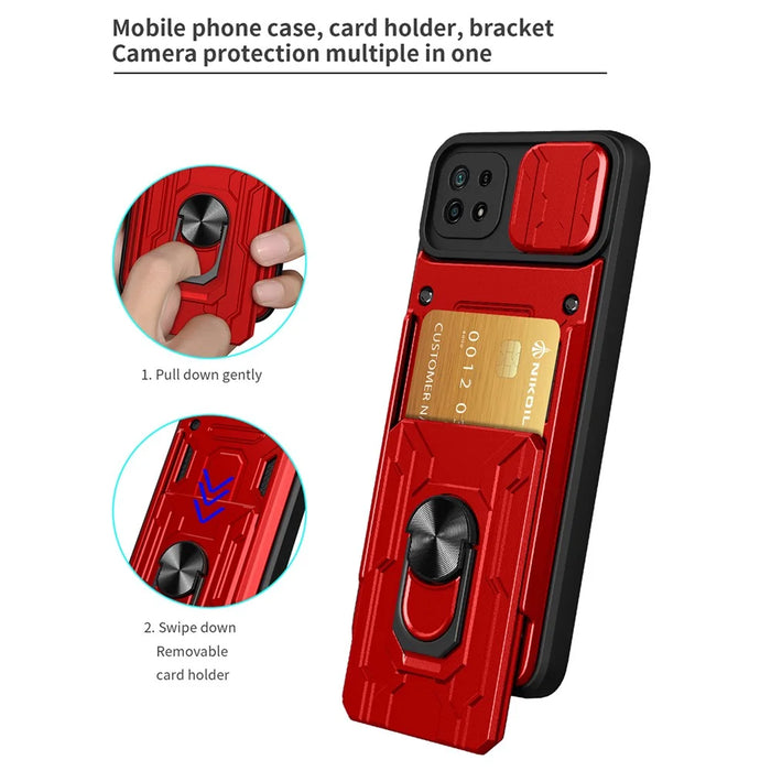 Kickstand Hard PC Soft TPU Shockproof Phone Cover with Card Holder and Slide Camera Cover for Samsung Galaxy A22 5G (EU Version) - Blackish Green - 4