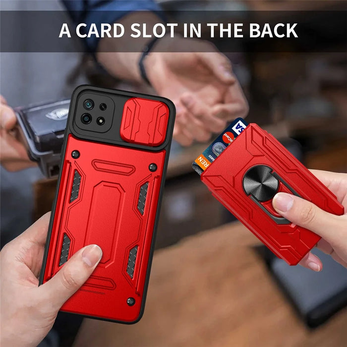 Kickstand Hard PC Soft TPU Shockproof Phone Cover with Card Holder and Slide Camera Cover for Samsung Galaxy A22 5G (EU Version) - Blackish Green - 5
