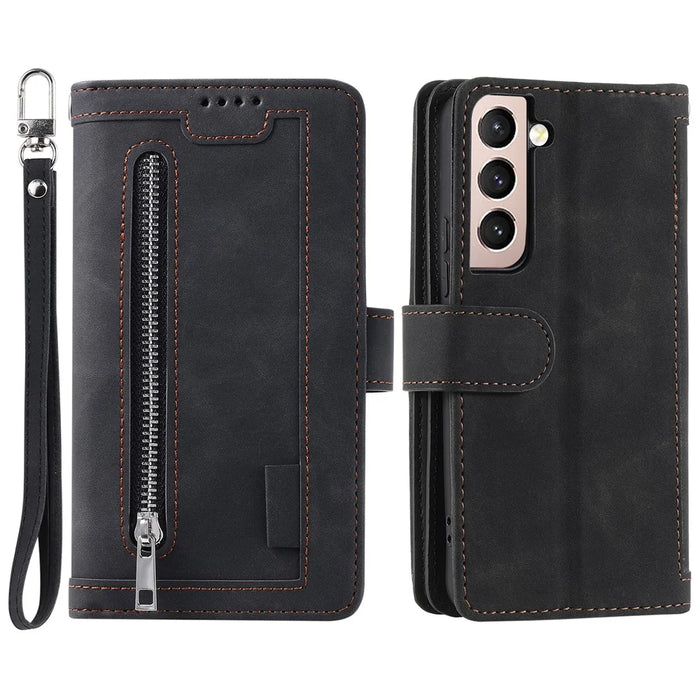 Shockproof Mobile Phone Wallet Phone Case Zipper Pocket Stand Phone Cover with Carrying Strap for Samsung Galaxy S22 5G - Black - 1