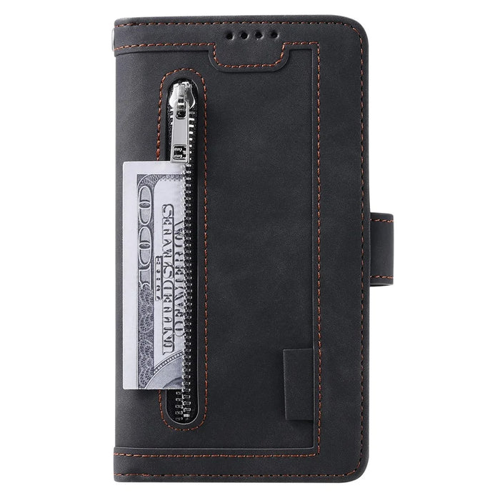 Shockproof Mobile Phone Wallet Phone Case Zipper Pocket Stand Phone Cover with Carrying Strap for Samsung Galaxy S22 5G - Black - 2